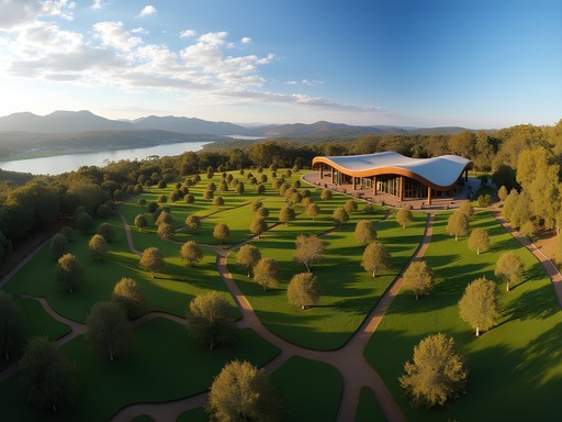 Panoramic view of National Arboretum Canberra showing patterned forests and Lake Burley Griffin