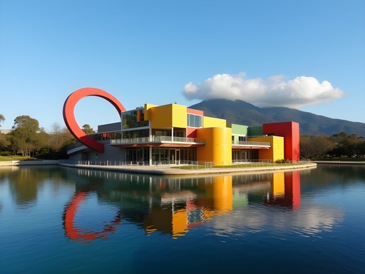 National Museum of Australia's distinctive colorful architecture reflected in Lake Burley Griffin