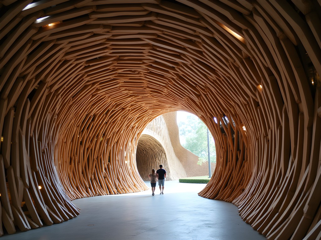 Dramatic wooden entrance tunnel of the Nishi Building in New Acton precinct