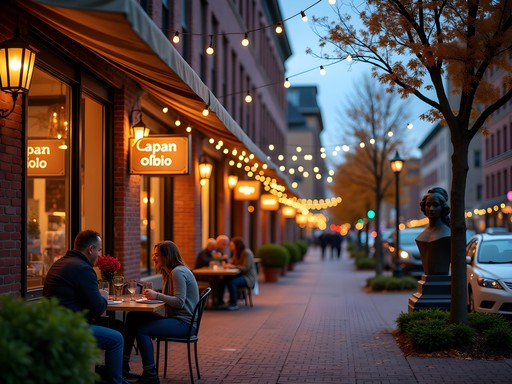 Evening scene in Carmel Arts & Design District with galleries lit up and outdoor dining