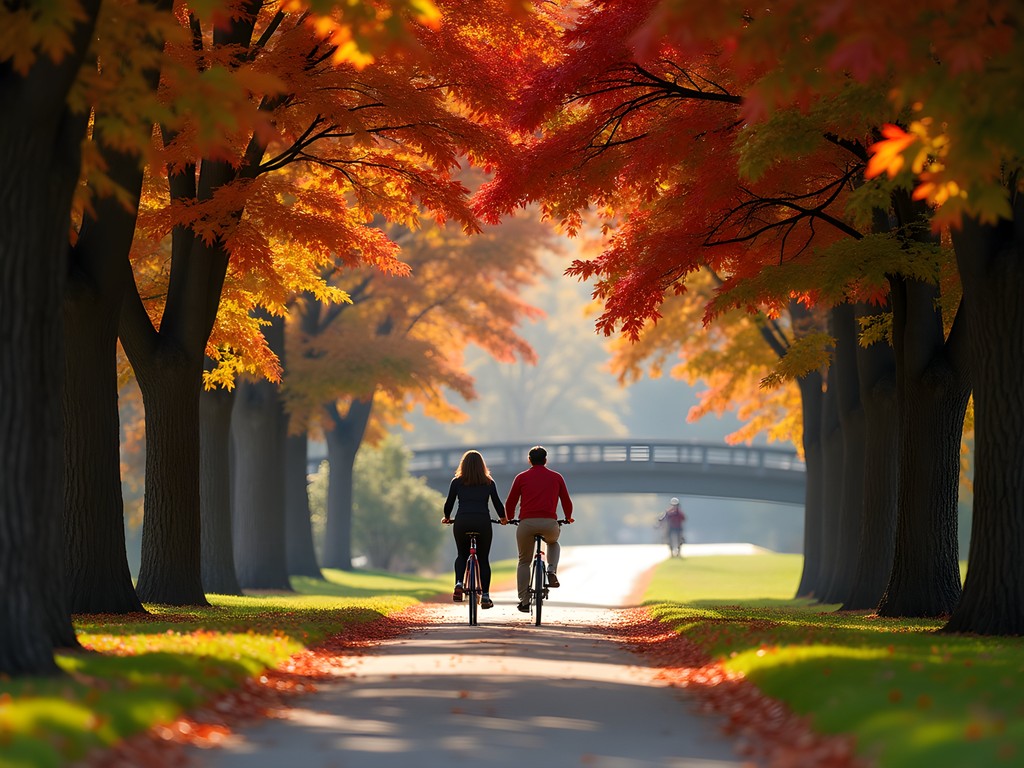 Monon Trail in Carmel during fall with cyclists and pedestrians enjoying the tree-lined path