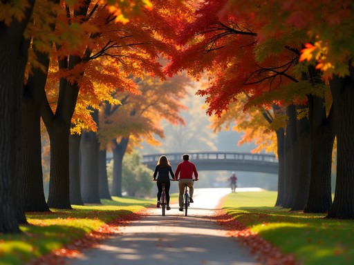 Monon Trail in Carmel during fall with cyclists and pedestrians enjoying the tree-lined path
