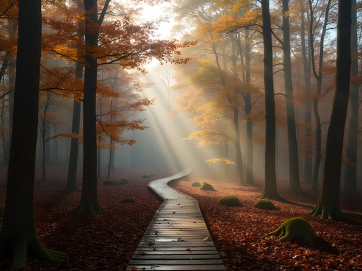 Misty autumn morning on a trail through Ritchey Woods Nature Preserve in Carmel