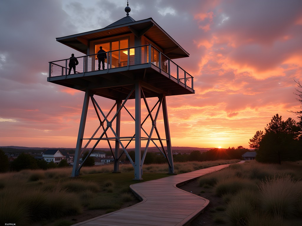 Modern observation tower at Downtown Cary Park at sunset, North Carolina
