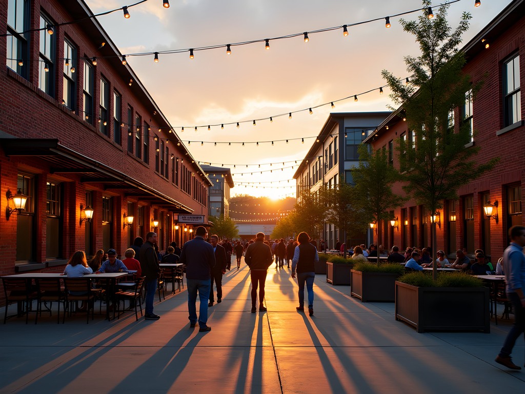 Sunset at Camp North End in Charlotte with industrial architecture