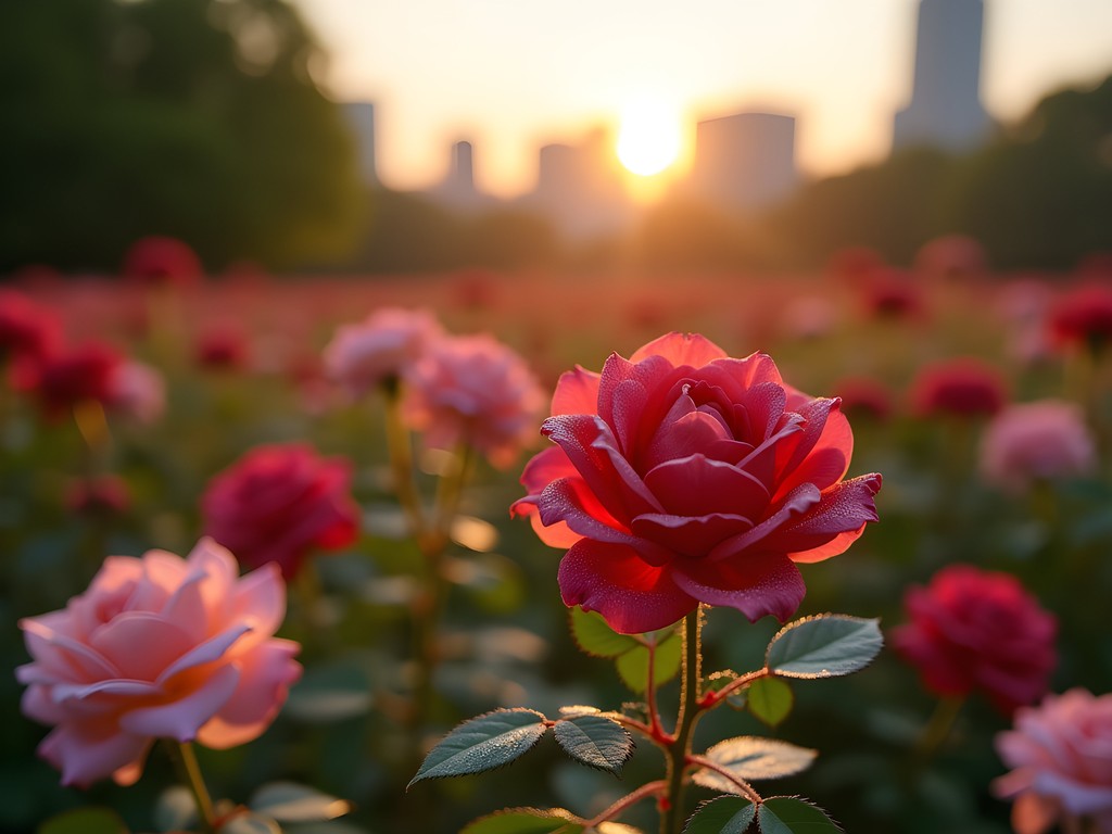 Sunlight filtering through roses at McGill Rose Garden in Charlotte