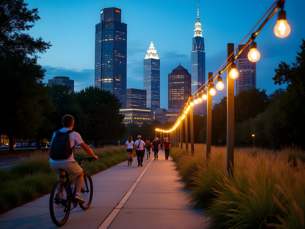 Charlotte's Rail Trail illuminated at night with string lights and urban skyline
