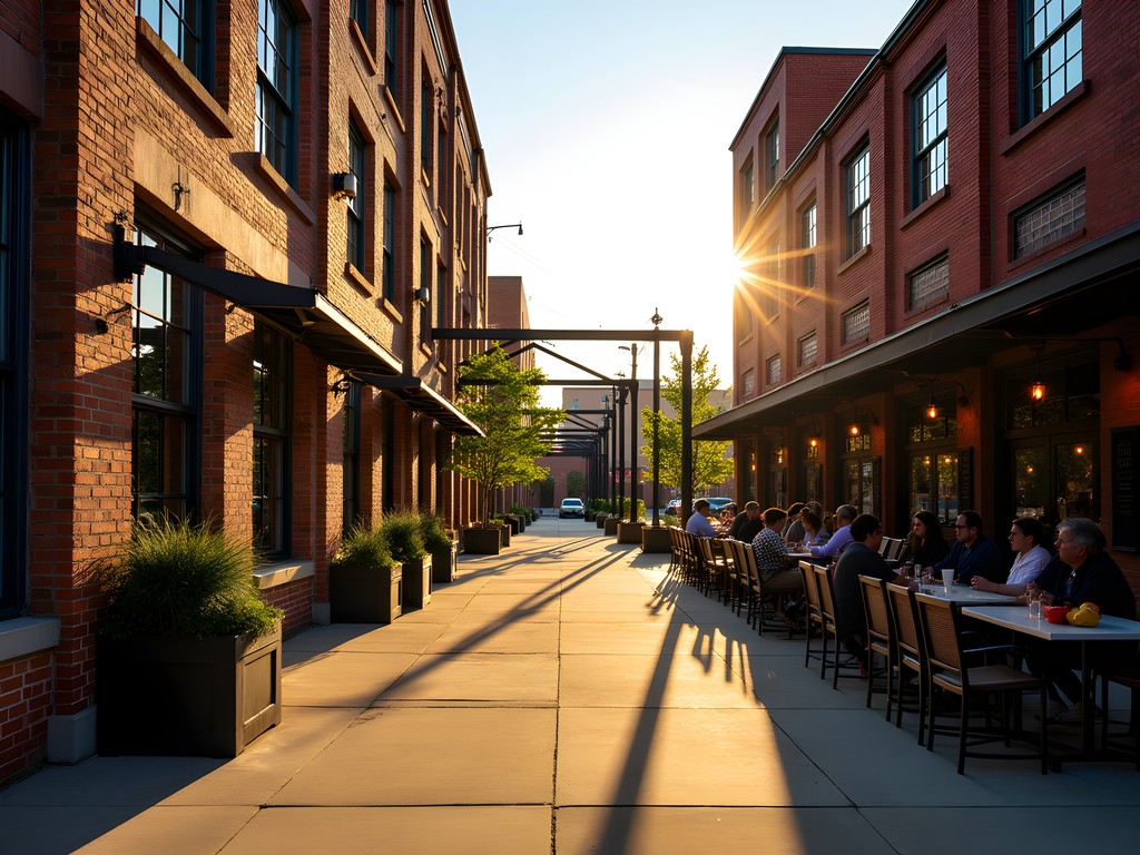 Repurposed industrial space at Camp North End Charlotte with creative businesses and warm sunset light