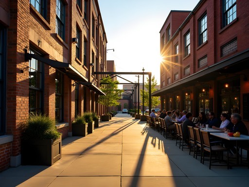 Repurposed industrial space at Camp North End Charlotte with creative businesses and warm sunset light