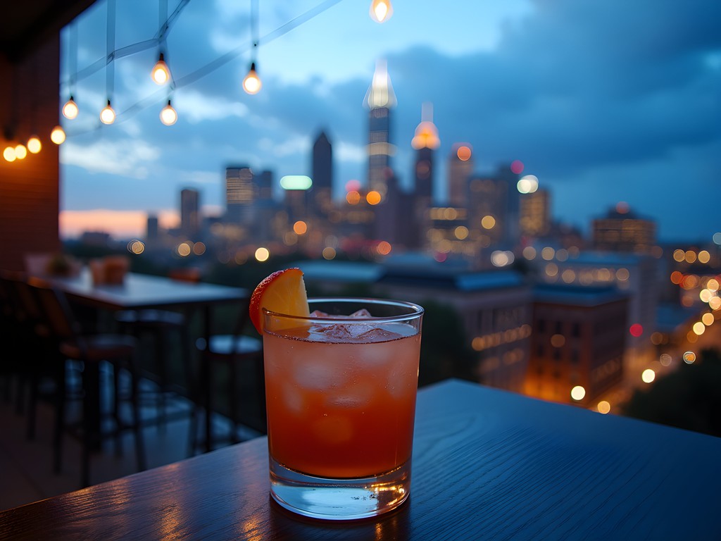 Charlotte skyline at blue hour viewed from a rooftop bar with craft cocktails in foreground