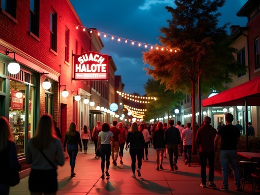 Vibrant evening street scene in Charlotte's Plaza Midwood neighborhood with neon signs and diverse crowd