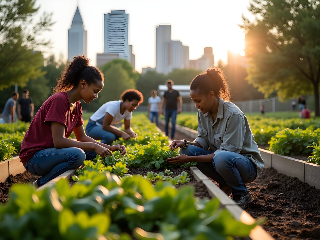 Community garden in West Charlotte with urban skyline in background and diverse residents tending plants