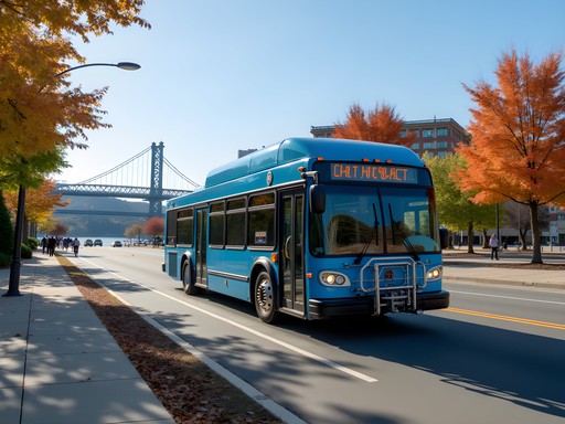 Chattanooga's free electric shuttle passing near the historic Walnut Street Bridge with pedestrians and cyclists