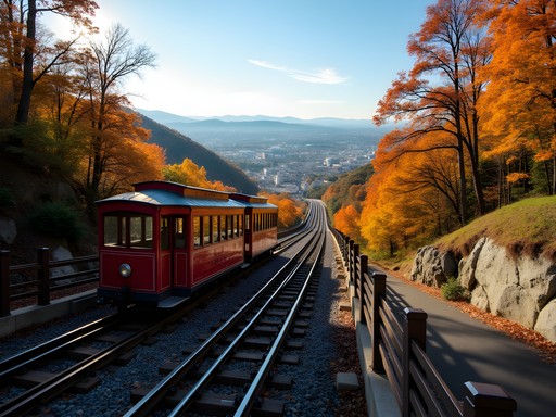 Lookout Mountain Incline Railway ascending steep tracks with autumn foliage and city views