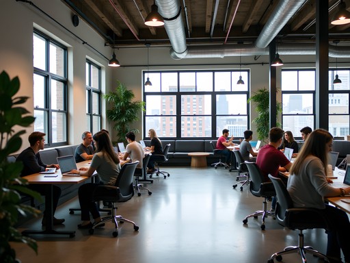 Modern coworking space in Chattanooga's Innovation District with entrepreneurs working in collaborative environment