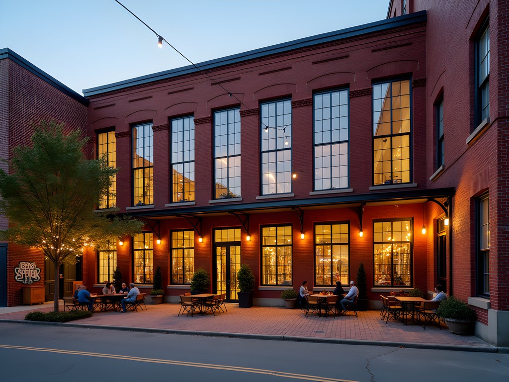 Revitalized industrial building in Chattanooga's Southside with street art, outdoor seating, and creative lighting