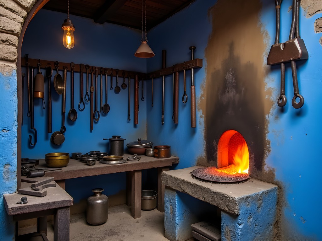 Traditional blacksmith workshop in blue alleyway of Chefchaouen