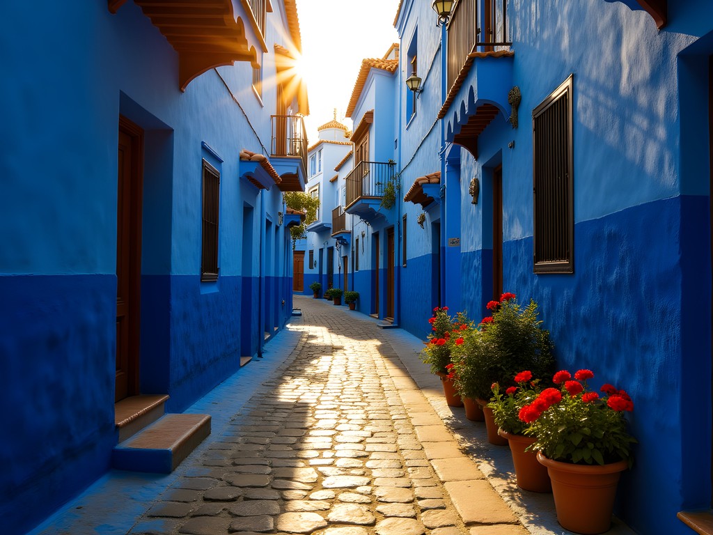 Empty blue alleyway in Chefchaouen at early morning with golden light