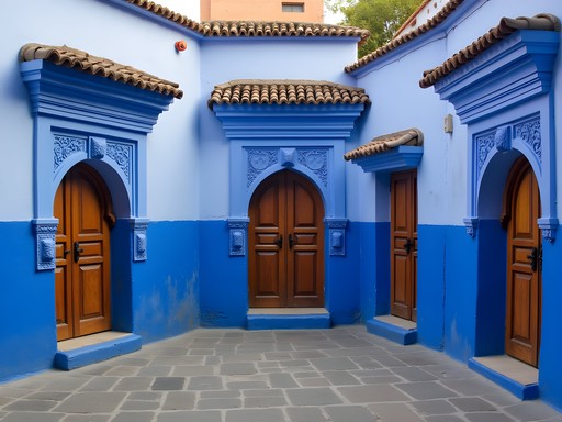 Small blue plaza in eastern Chefchaouen with five distinctly different wooden doors
