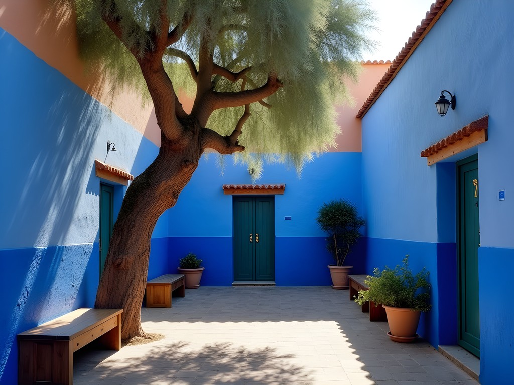 Secluded blue square in Chefchaouen with ancient olive tree and benches