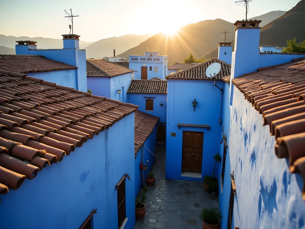 Panoramic view from a Chefchaouen rooftop showing the cascading blue buildings