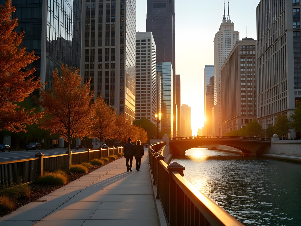 Chicago Riverwalk at sunset with couples walking