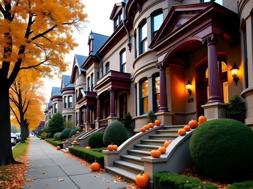 Historic mansions in Chicago's Gold Coast neighborhood with fall decorations