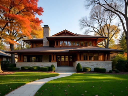Frank Lloyd Wright prairie style home in Oak Park with fall foliage
