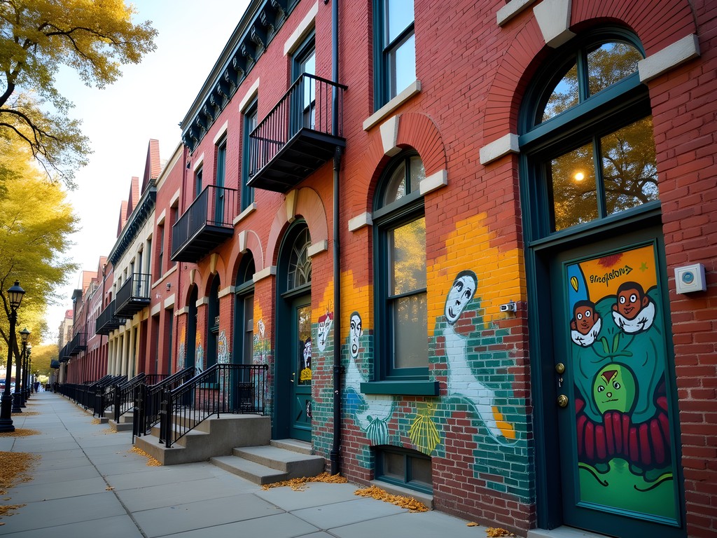 Colorful Mexican murals on historic buildings in Chicago's Pilsen neighborhood
