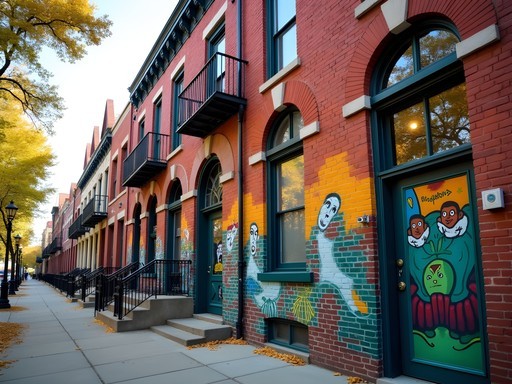 Colorful Mexican murals on historic buildings in Chicago's Pilsen neighborhood