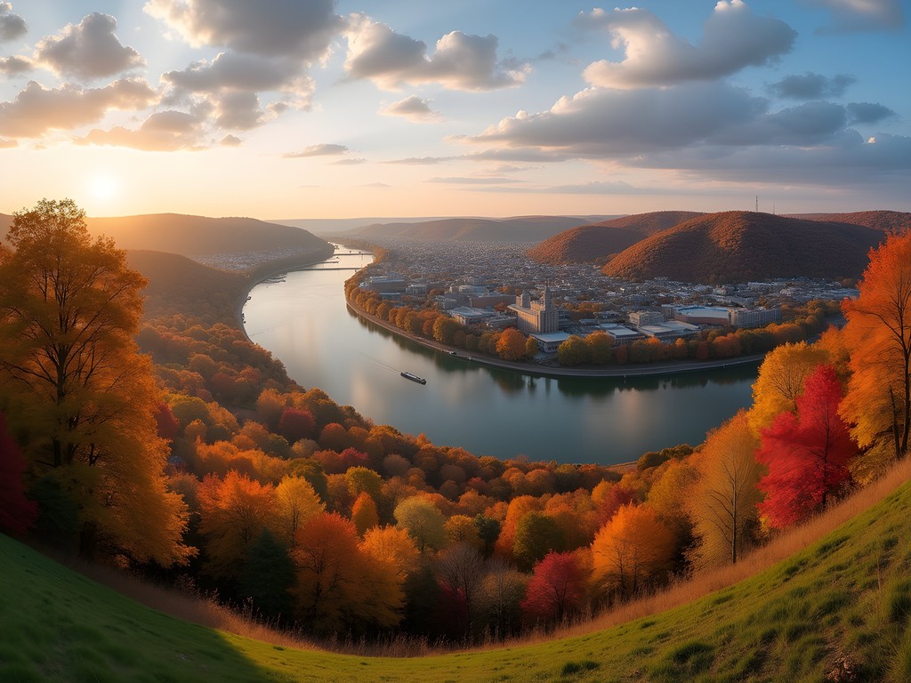 Panoramic view of Ohio River from Alms Park in Cincinnati during fall