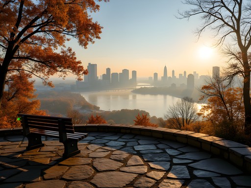 Foggy morning view of Cincinnati and Ohio River from Mt. Adams secret overlook