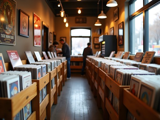 Woman browsing vinyl records in Shake It Records shop in Cincinnati's Northside neighborhood