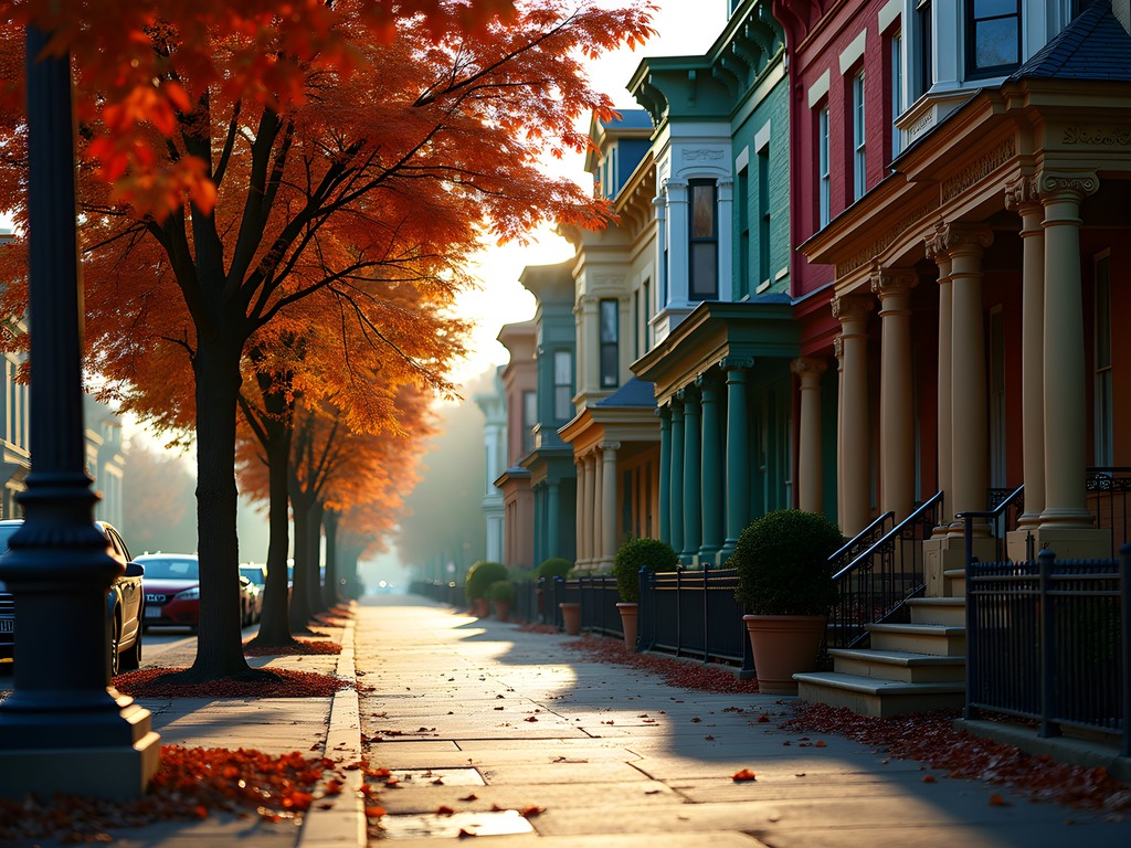 Quiet side street in Over-the-Rhine Cincinnati with historic Italianate buildings and fall colors