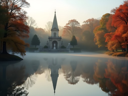 Historic monument reflecting in lake with fall foliage at Spring Grove Cemetery in Cincinnati