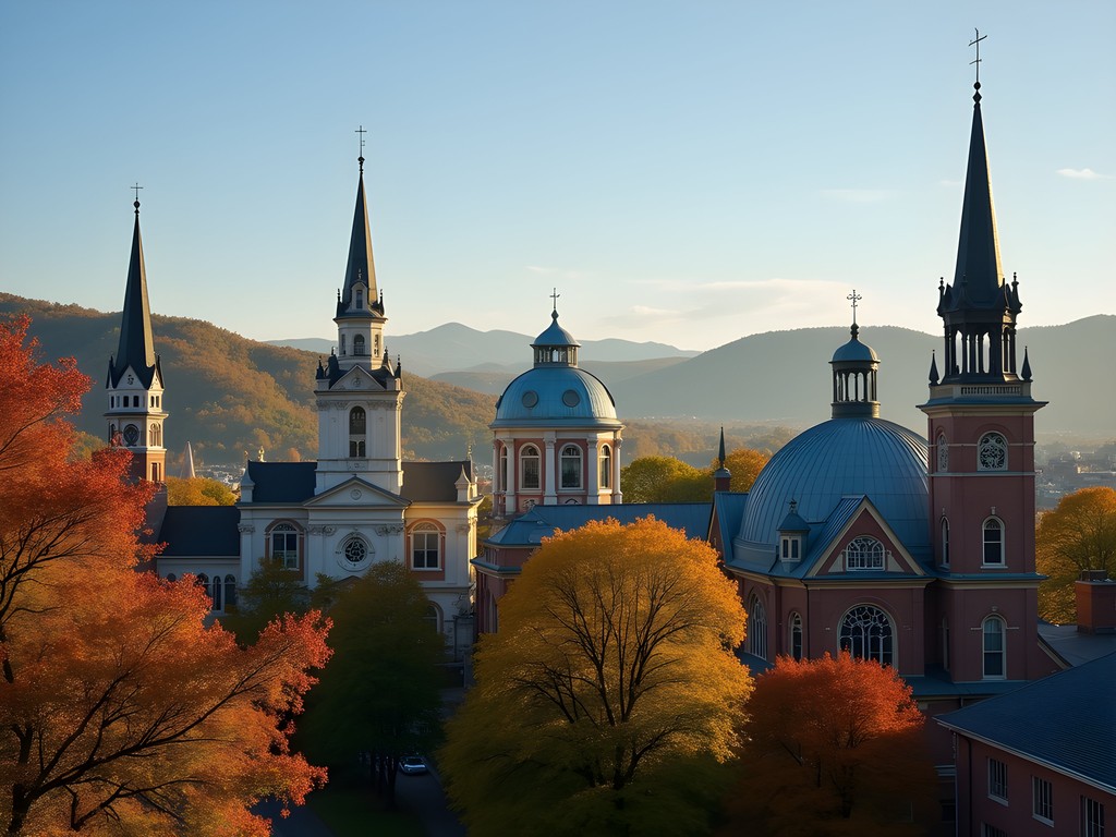 Clarksburg skyline featuring historic church spires and domes against autumn foliage