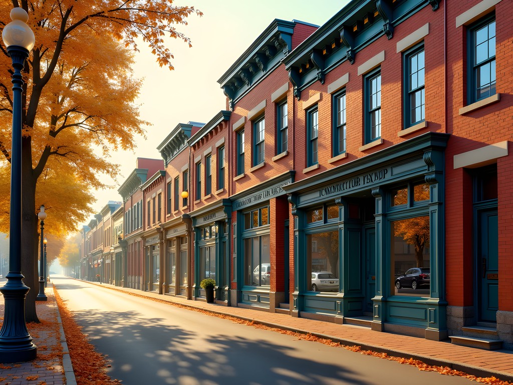 Historic storefronts with ornate architectural details in Glen Elk District, Clarksburg during fall