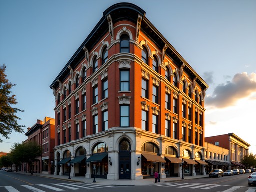 Historic Goff Building in Clarksburg illuminated by golden sunset light