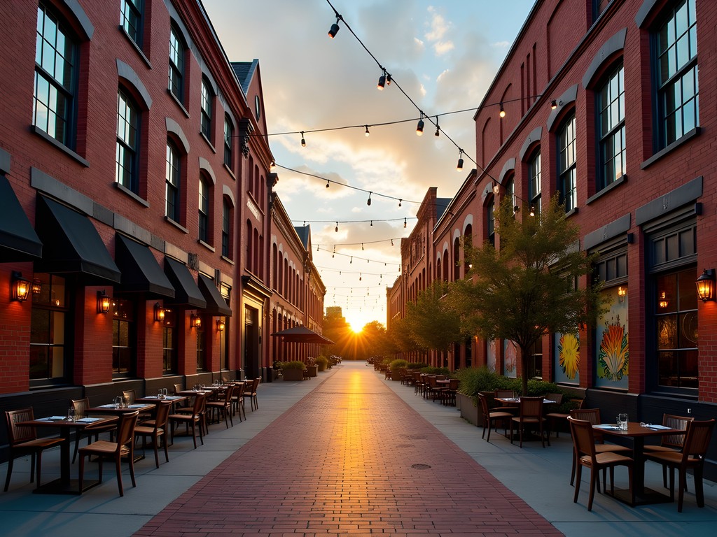 The Vista district in Columbia SC at sunset with historic warehouses and street art
