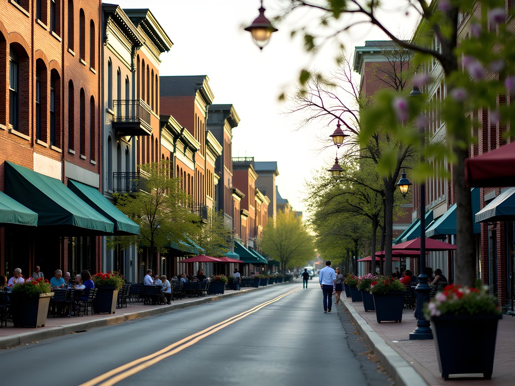 Historic buildings along Broadway in Uptown Columbus with restored facades and pedestrians