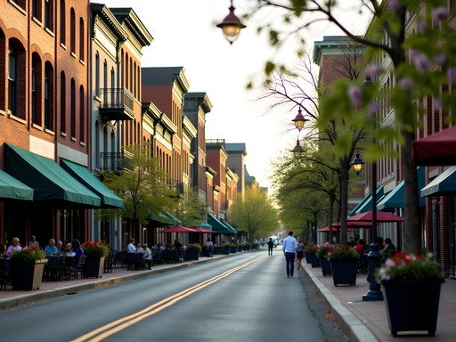 Historic buildings along Broadway in Uptown Columbus with restored facades and pedestrians
