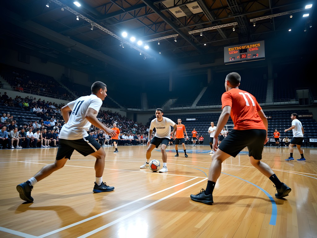 Indoor futsal match at Columbus Civic Center with players and local spectators