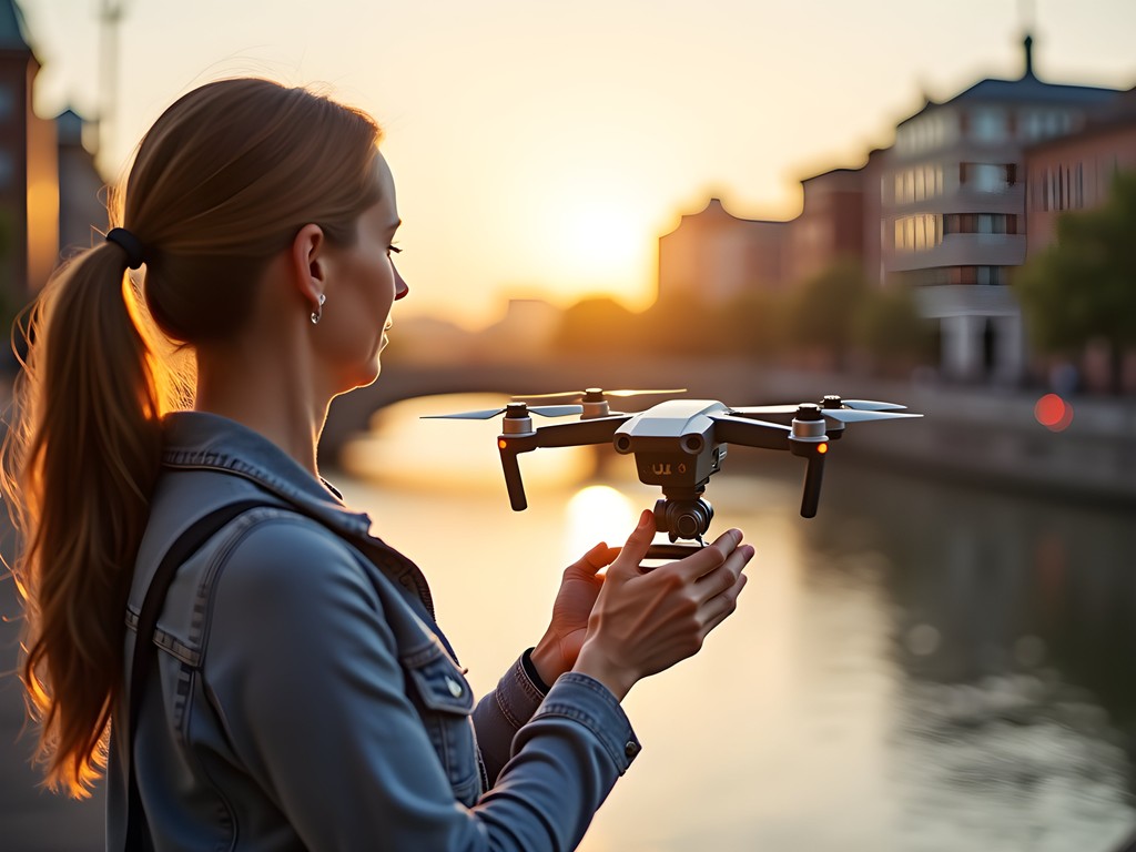 Travel blogger preparing drone for flight along Columbus Riverwalk