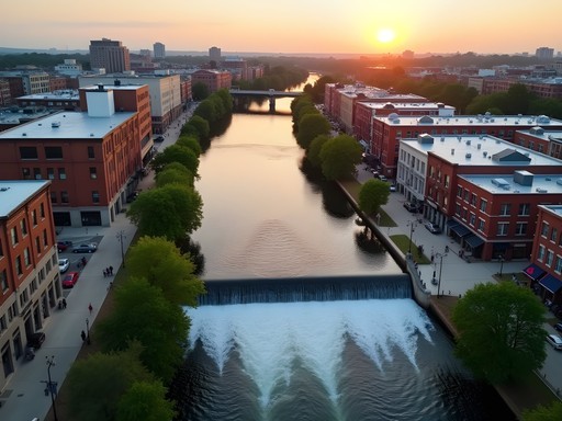 Aerial drone photograph showing Columbus riverwalk and downtown from above