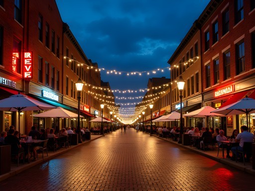 Nighttime street scene in Uptown Columbus showing historic buildings with modern lighting and active sidewalk life