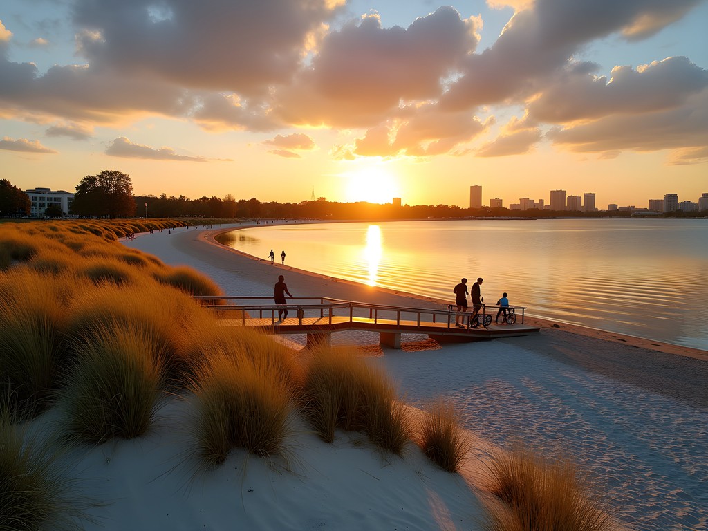 Sunset at Amager Beach Park with Copenhagen skyline view and locals enjoying the beach