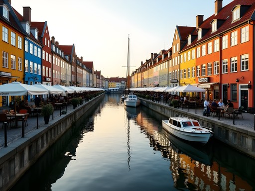 Evening light on Christianshavn's colorful canal houses with boats and reflections in water