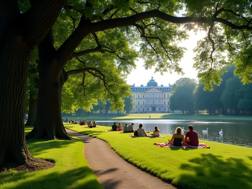 Serene scene in Frederiksberg Gardens with palace view and locals relaxing under trees