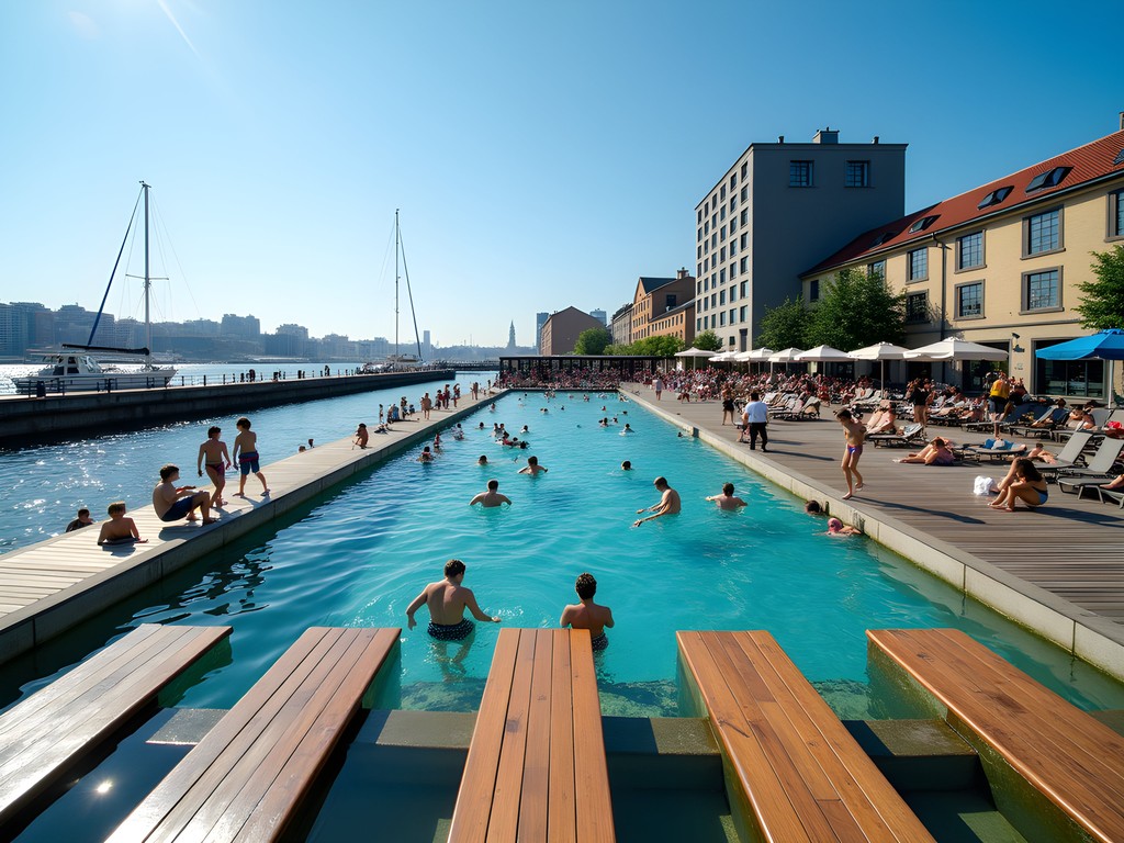 Islands Brygge Harbor Bath with swimmers enjoying clean harbor waters against Copenhagen skyline