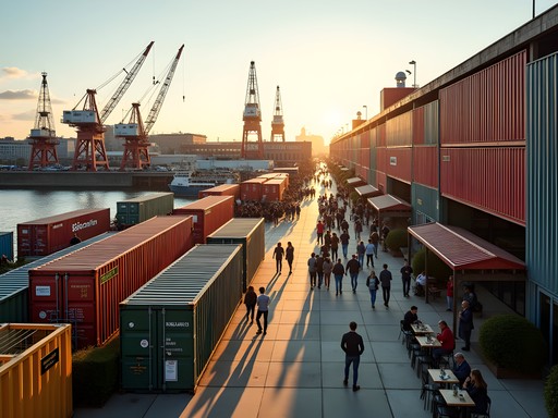 Converted industrial spaces in Refshaleøen with shipping container food market and harbor views